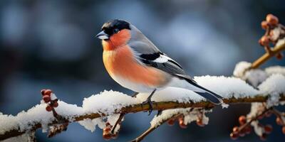 A bunch of mountain ash in winter on the snow. Winter photography. Bullfinch on a branch. Generative AI photo