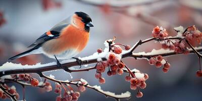 A bunch of mountain ash in winter on the snow. Winter photography. Bullfinch on a branch. Generative AI photo