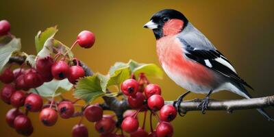 A bunch of mountain ash in winter on the snow. Winter photography. Bullfinch on a branch. Generative AI photo