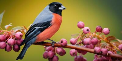 A bunch of mountain ash in winter on the snow. Winter photography. Bullfinch on a branch. Generative AI photo