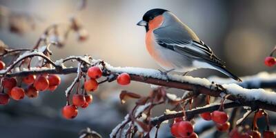 A bunch of mountain ash in winter on the snow. Winter photography. Bullfinch on a branch. Generative AI photo