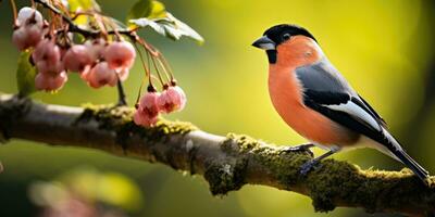 A bunch of mountain ash in winter on the snow. Winter photography. Bullfinch on a branch. Generative AI photo