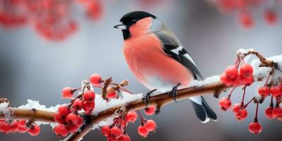 A bunch of mountain ash in winter on the snow. Winter photography. Bullfinch on a branch. Generative AI photo