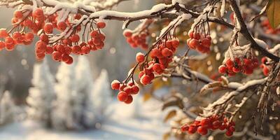 A bunch of mountain ash in winter on the snow. Winter photography. Generative AI photo