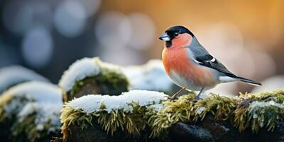 A bunch of mountain ash in winter on the snow. Winter photography. Bullfinch on a branch. Generative AI photo