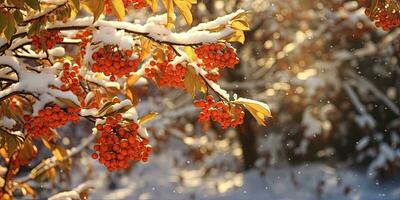 A bunch of mountain ash in winter on the snow. Winter photography. Generative AI photo