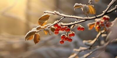 A bunch of mountain ash in winter on the snow. Winter photography. Generative AI photo