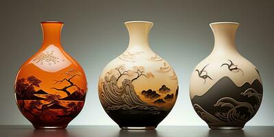 Beautiful Asian vases, national patterns and drawings. Generative AI photo