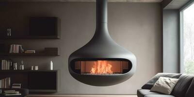 hogar en moderno vivo habitación. colgando chimenea. neutral colores. minimalismo generativo ai foto