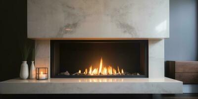 Image of a modern fireplace. Neutral colors. Minimalism. Generative AI photo