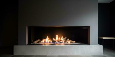 Image of a modern fireplace. Neutral colors. Minimalism. Generative AI photo