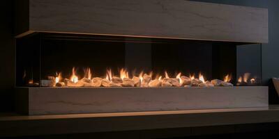 Image of a modern fireplace. Neutral colors. Minimalism. Generative AI photo