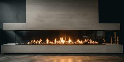 Image of a modern fireplace. Neutral colors. Minimalism. Generative AI photo