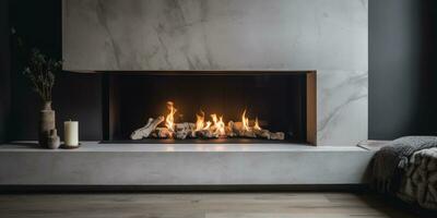 Image of a modern fireplace. Neutral colors. Minimalism. Generative AI photo