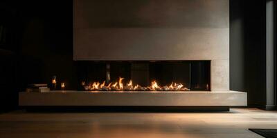 Image of a modern fireplace. Neutral colors. Minimalism. Generative AI photo