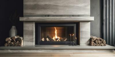 Image of a modern fireplace. Neutral colors. Minimalism. Generative AI photo
