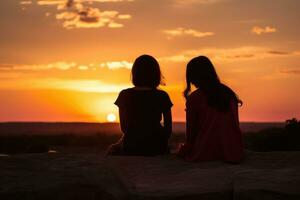 dos muchachas disfrutando un hermosa puesta de sol mientras sentado en un rock foto