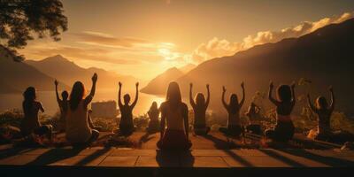 a group of people doing yoga by the water at sunset. Generative AI photo