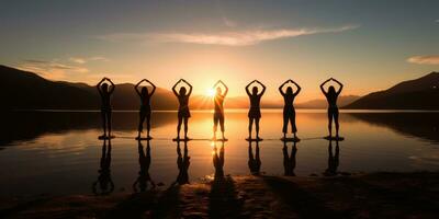 a group of people doing yoga by the water at sunset. Generative AI photo