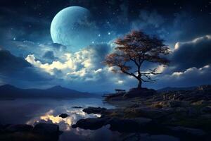 a majestic tree against a moonlit rocky shore photo