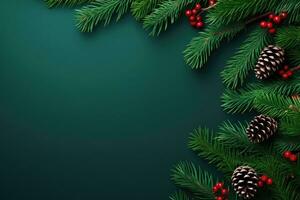 Pine cones and red berries on a green background photo