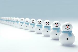 A row of snowmen wearing hats and scarves photo