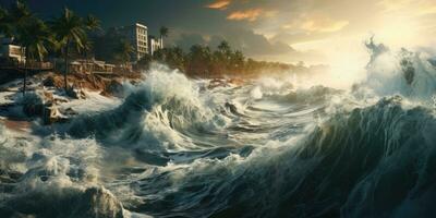 natural desastre tsunami en el isla, inundación, tormenta. generativo ai foto