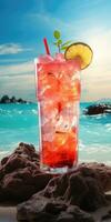 Cocktail on the beach. Refreshing cocktail with ice. Generative AI photo