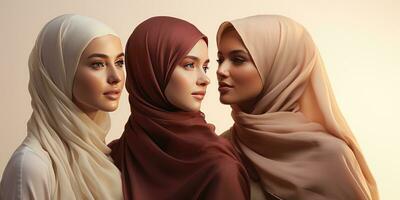 portrait of girls of different nationalities in hijab. Generative AI photo