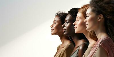 Portrait of women of different nationalities on a light background. Generative AI photo
