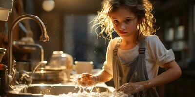 el niña lavados platos en el cocina, limpieza. generativo ai foto