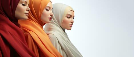 retrato de muchachas de diferente nacionalidades en hiyab, espacio para texto. generativo ai foto