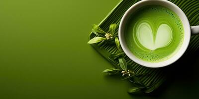 Fragrant matcha tea on the table.Banner. Generative AI photo