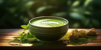 Fragrant matcha tea on the table. Generative AI photo
