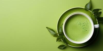 fragante matcha té en el mesa.banner. generativo ai foto