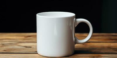 Mockup of a white cup for tea or coffee, on a wooden table. Generative AI photo