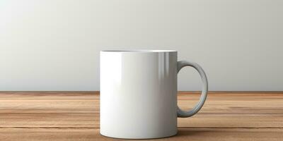 Bosquejo de un blanco taza para té o café, en un de madera mesa. generativo ai foto