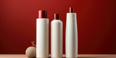 Shampoo for hair on a red background. Mocap. Place for advertising logo. Generative AI photo