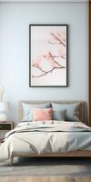 Bedroom in light colors and a picture in a wooden frame above bed. Generative AI photo