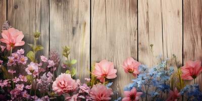 Wooden board for advertising with image of flowers in the background. Generative AI photo