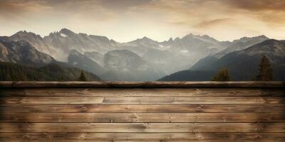Wooden background for advertising. mountains in the background. Generative AI photo