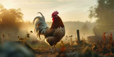 Rooster in the village against the backdrop of sunset. Rural life concept. Generative AI photo