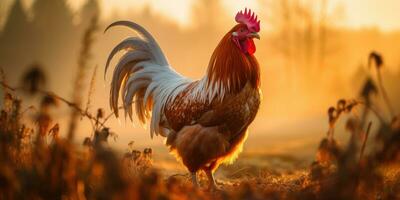 Rooster in the village against the backdrop of sunset. Rural life concept. Generative AI photo