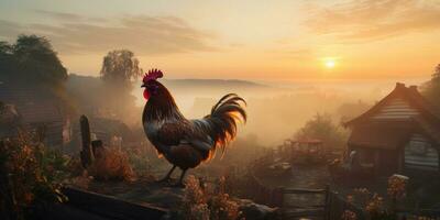 Rooster on the background of sunset, fog in the village. Generative AI photo