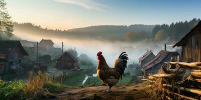 Rooster on the background of sunset, fog in the village. Generative AI photo