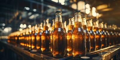 Glass bottles at the factory. Beer factory. Generative AI photo