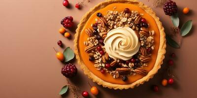 apetitoso calabaza tarta. tarta de cerca. el tema de Cocinando y otoño. generativo ai foto