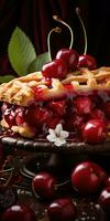 Cherry pie. Appetizing pie close-up. Cowberry. Blueberry. Generative AI photo