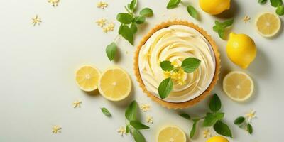 Lemon pie on a dark background. Appetizing pie close-up. Lemons. Generative AI photo