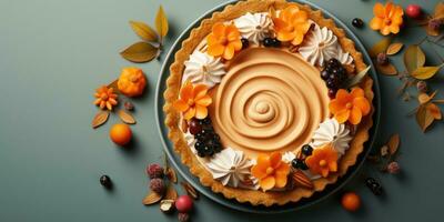 Appetizing pumpkin pie. Pie close-up. The theme of cooking and autumn. Generative AI photo